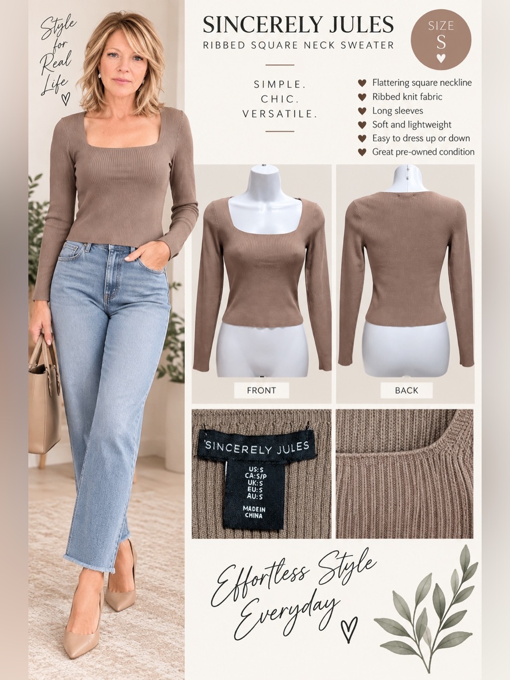 Sincerely Jules Taupe Ribbed Square Neck Sweater